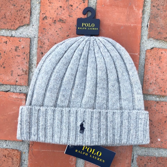 POLO Ralph Lauren Wool Cuffed Ribbed Beanie Cap NWT Grey - Picture 2 of 6